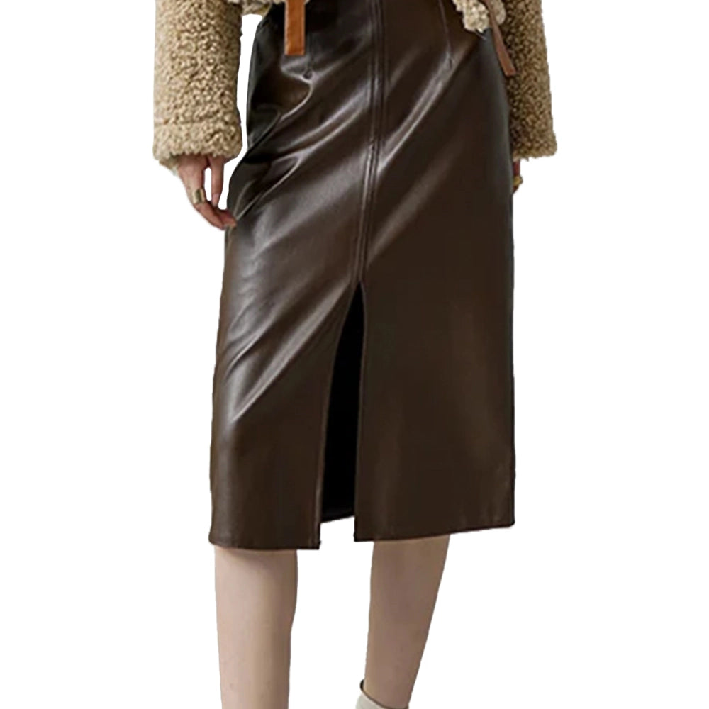 Front Slit Leather Midi Skirt For Women