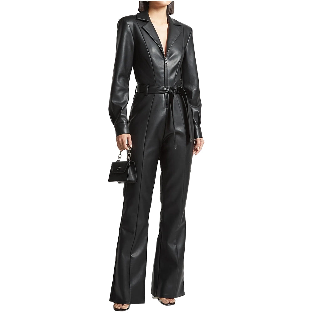 Genuine Black Leather Belted Jumpsuit Women