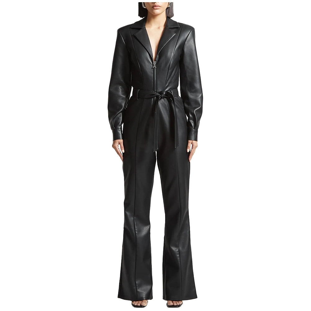 Genuine Black Leather Belted Jumpsuit Women
