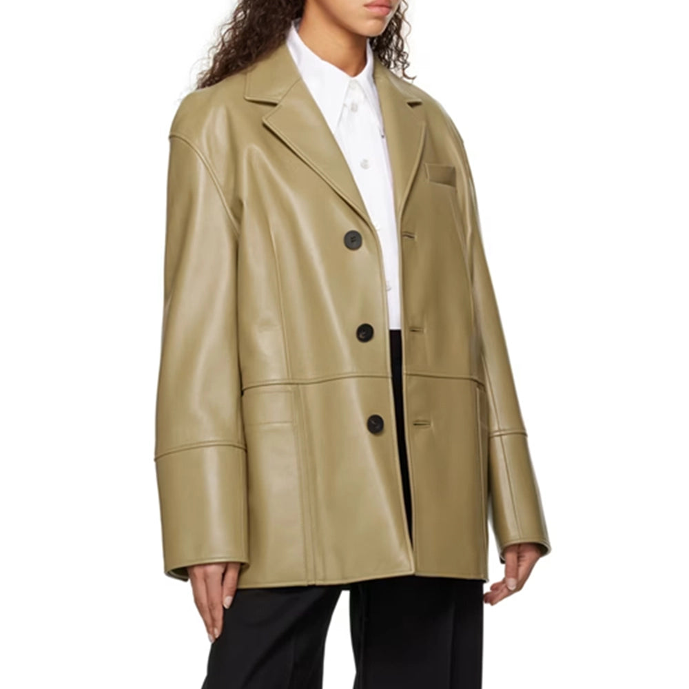 Zoe Khaki Single Breasted Leather Blazer