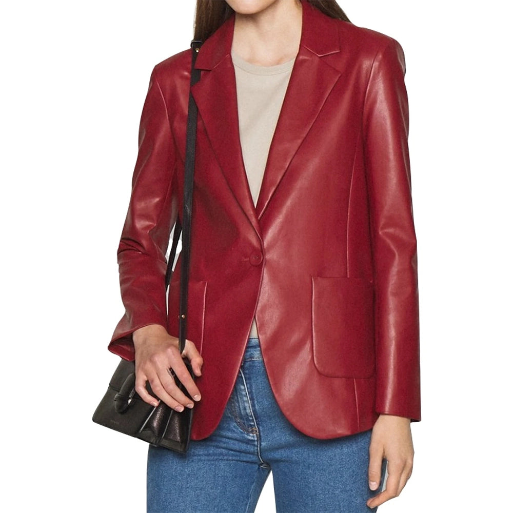 Nora Burgundy Leather Blazer For Women