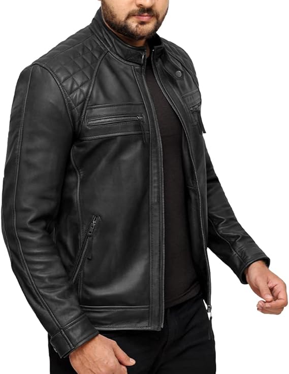 Men’s Quilted Shoulder Lambskin Black Biker Leather Jacket