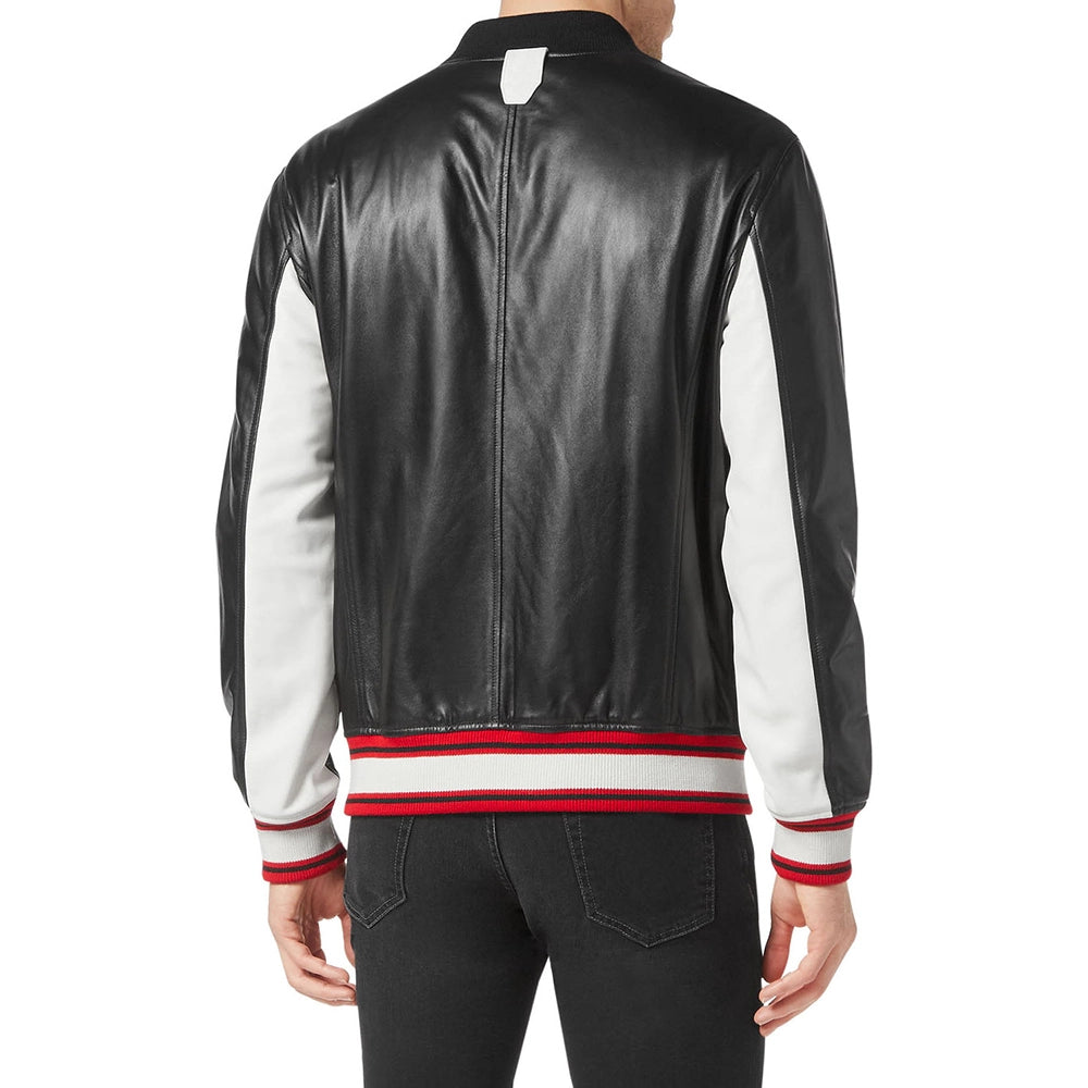 Men’s Black and White Leather Bomber Jacket