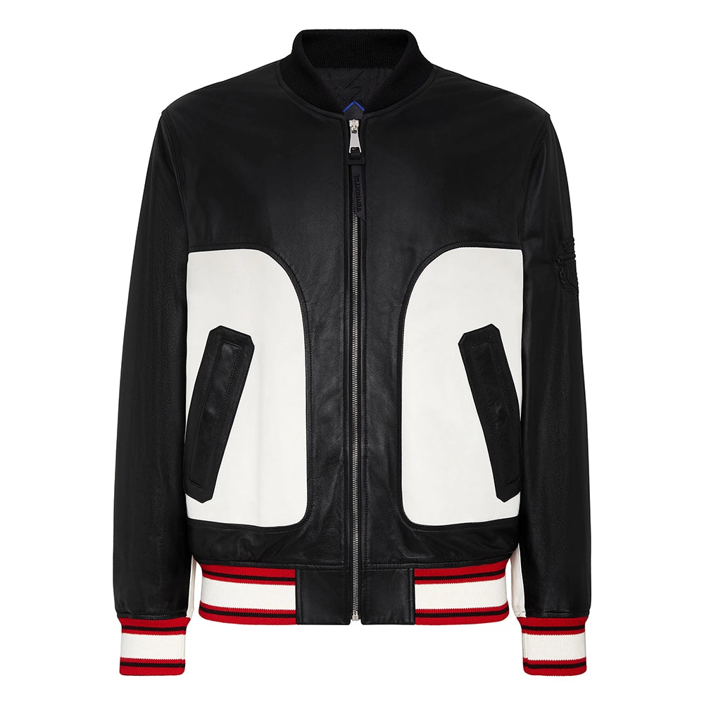 Men’s Black and White Leather Bomber Jacket