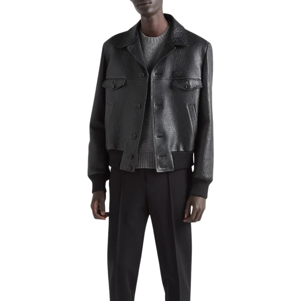 Black Textured Leather Trucker Jacket Womens