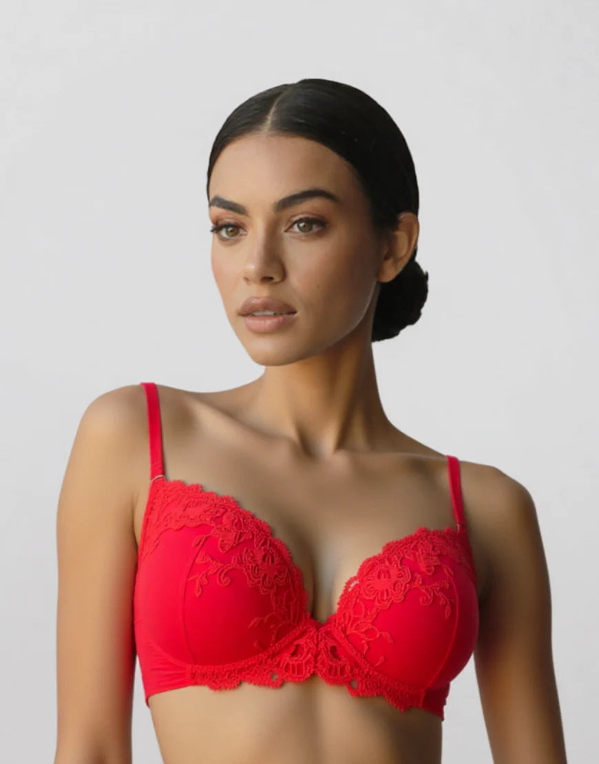 LIGHTLY PADDED WIRED FANCY BRA WITH MATCHING PANTY-RED
