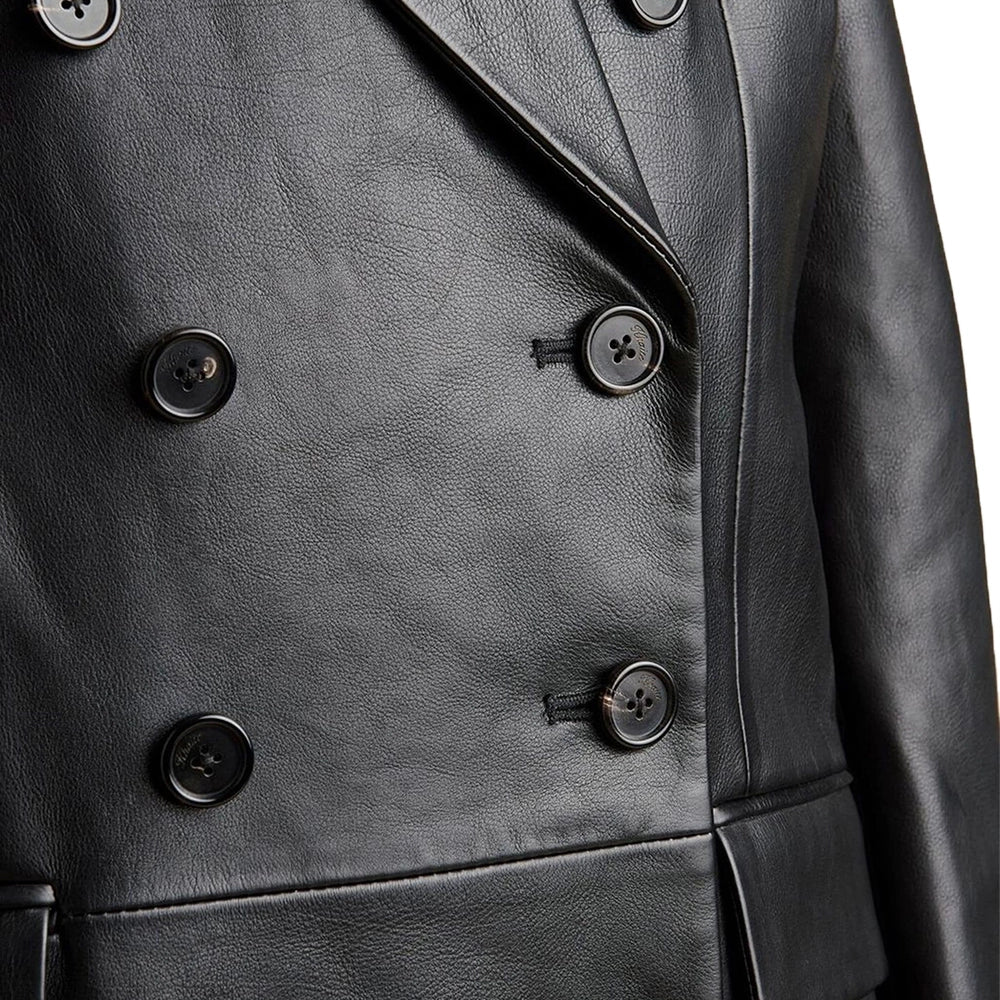 Double Breasted Black Leather Blazer For Women