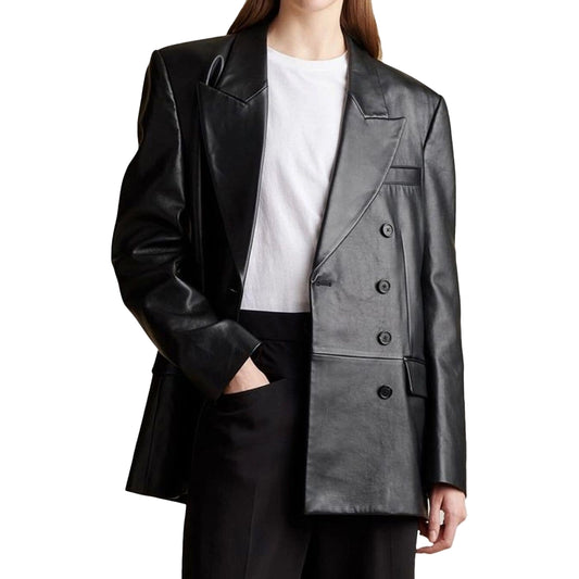 Double Breasted Black Leather Blazer For Women