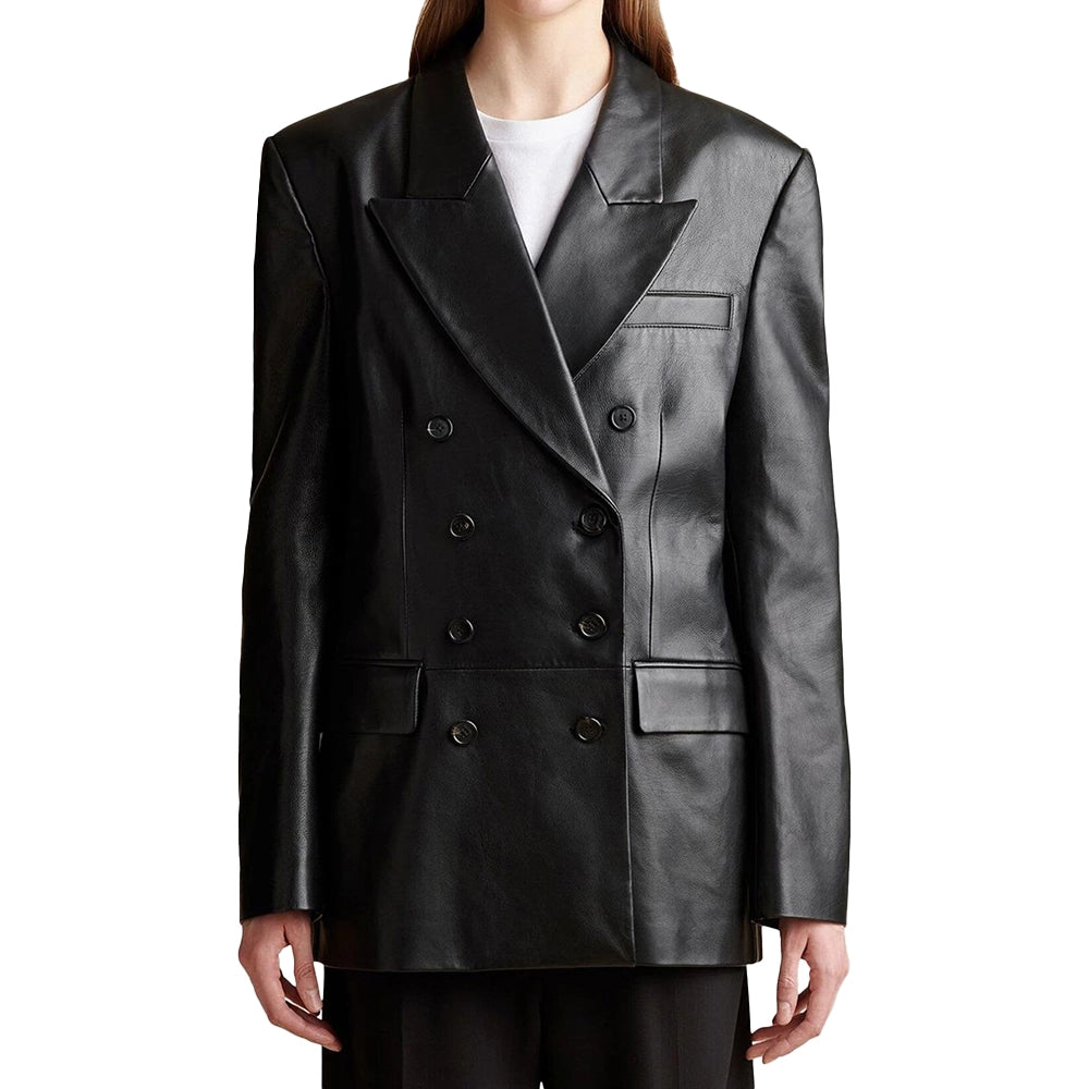 Double Breasted Black Leather Blazer For Women