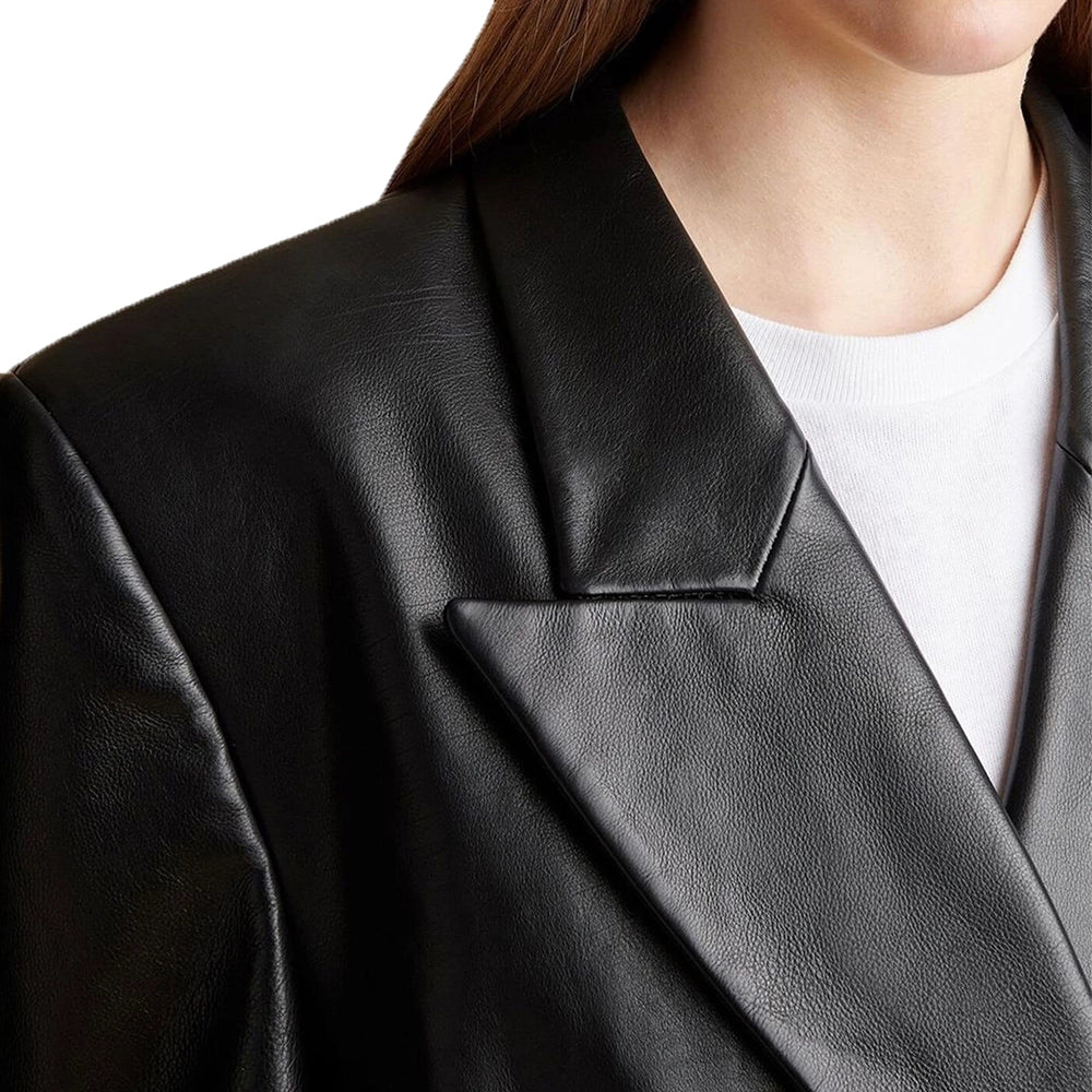 Double Breasted Black Leather Blazer For Women