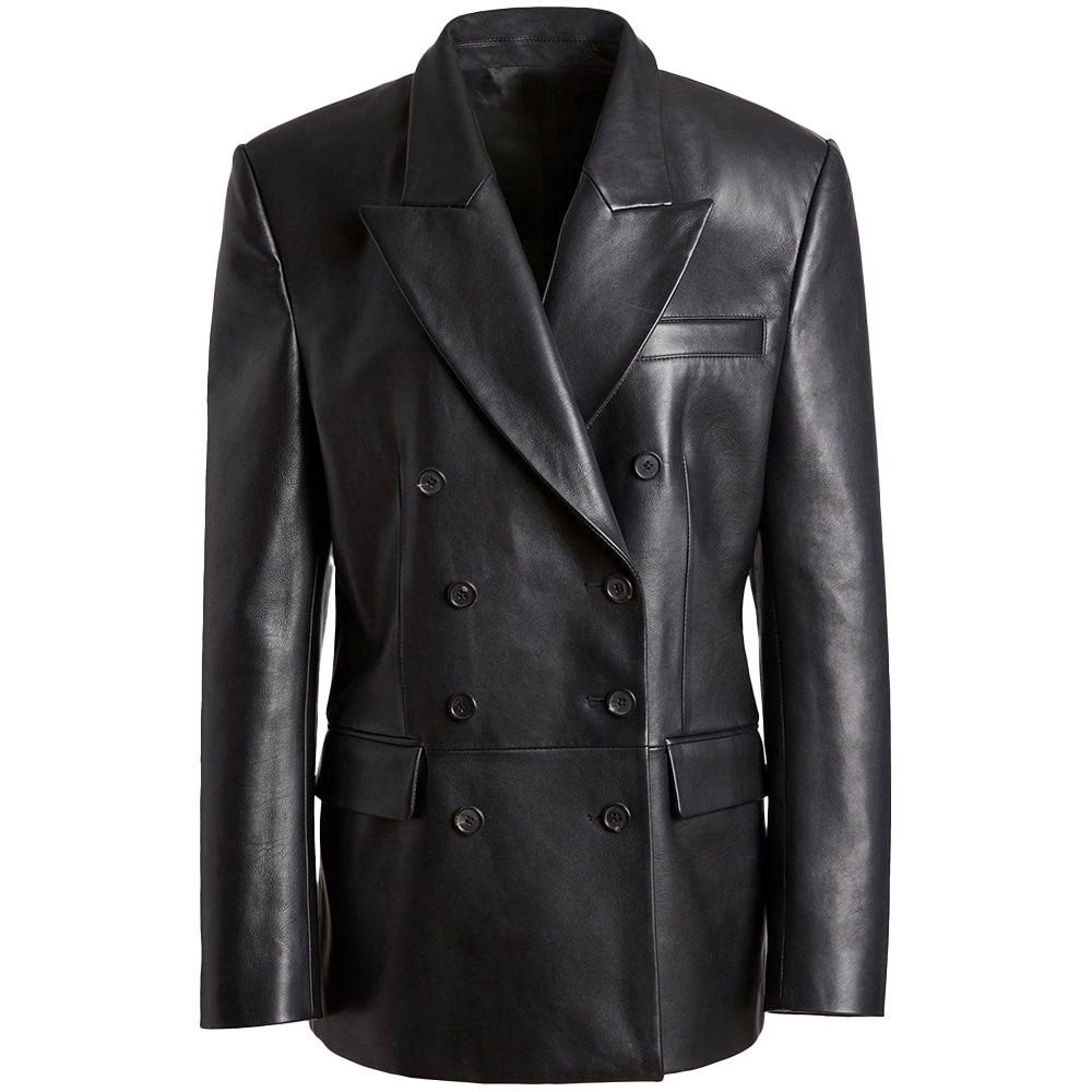 Double Breasted Black Leather Blazer For Women