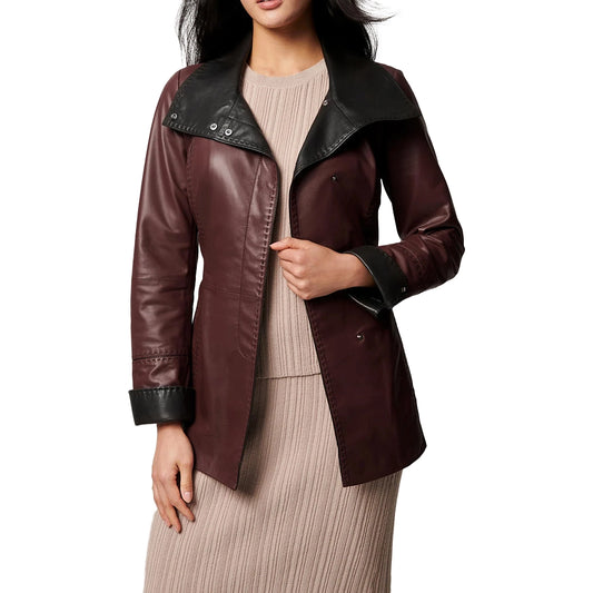 Luna Wide Collar Brown Leather Blazer Coat