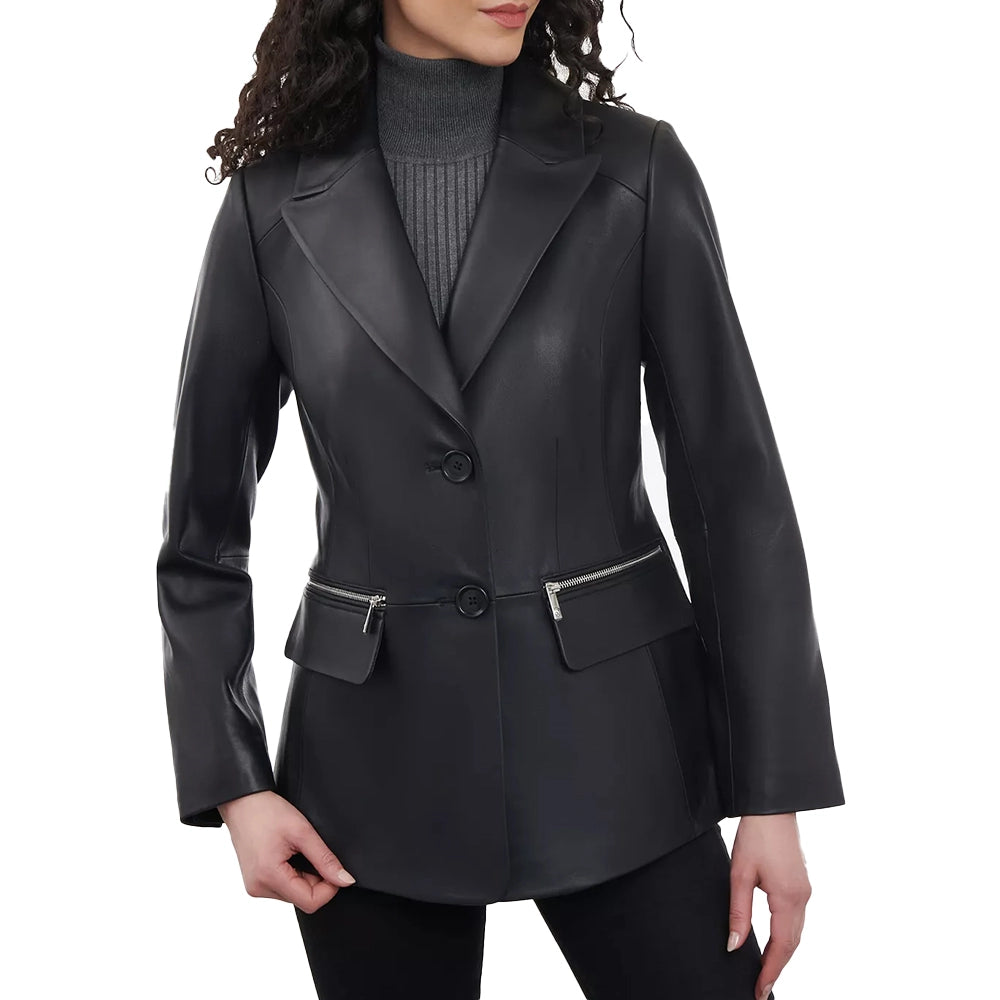 Women’s Black Blazer Coat In Leather