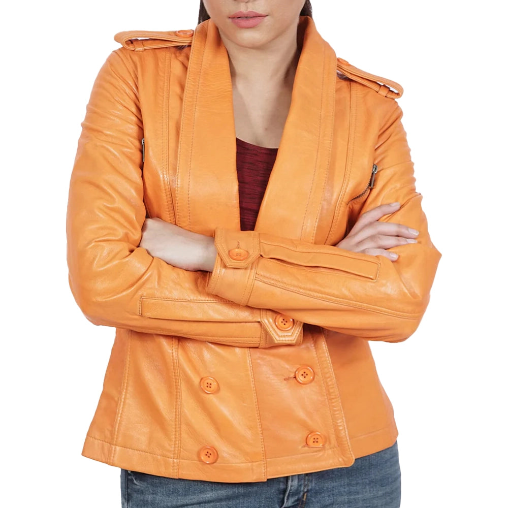 Orange Leather Jacket Blazer for Women