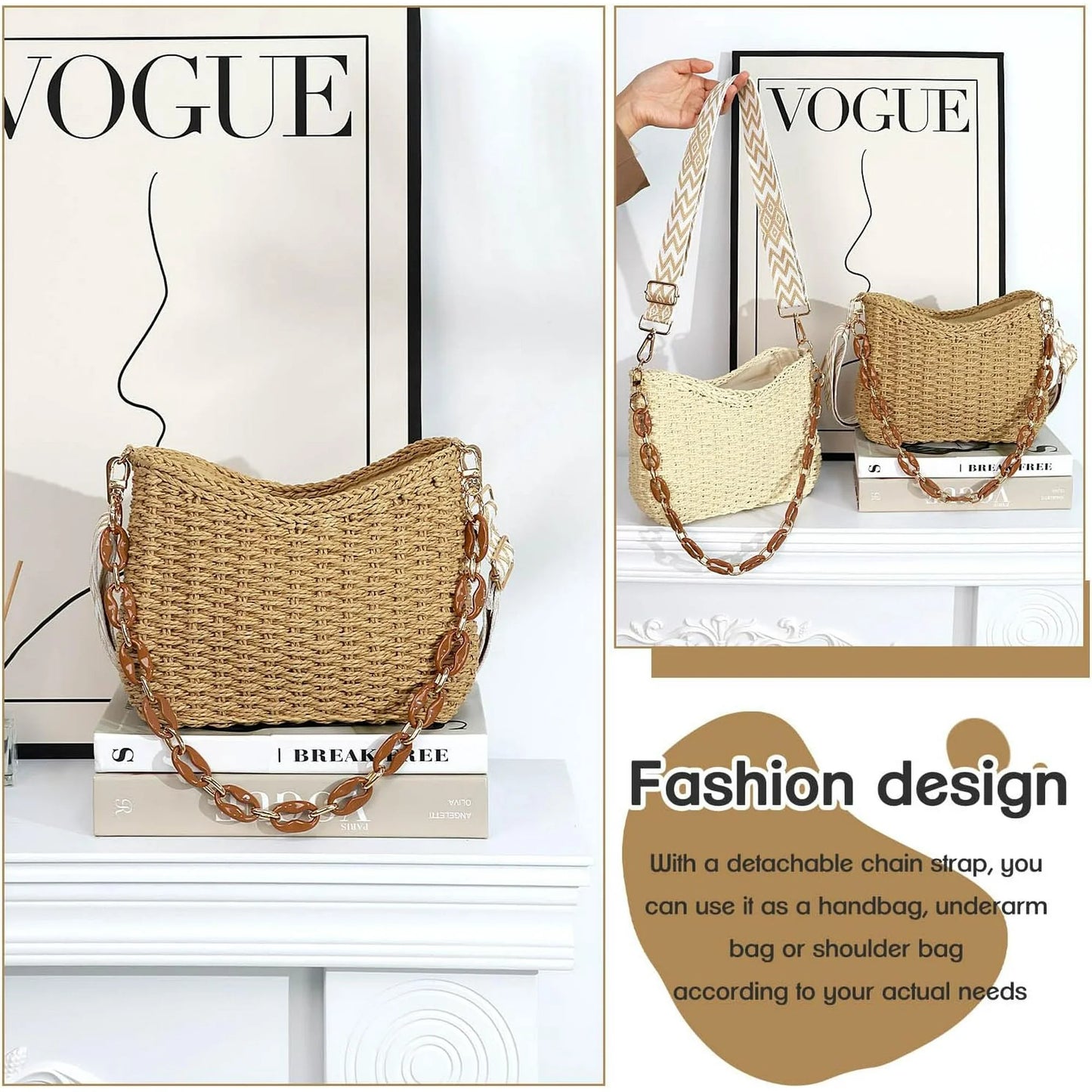 Gocvo Beach Straw Bags for Women, Summer Chic Woven Bag Classic Womens Straw Handbags Straw Crossbody Bag with Chain (Brown)