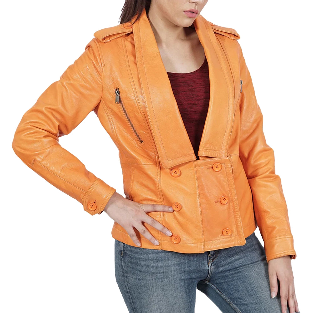 Orange Leather Jacket Blazer for Women