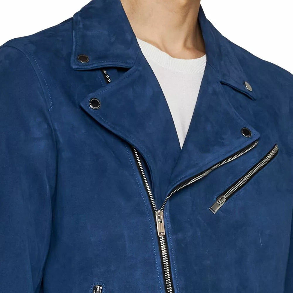 Mens Blue Suede Biker Leather Jacket