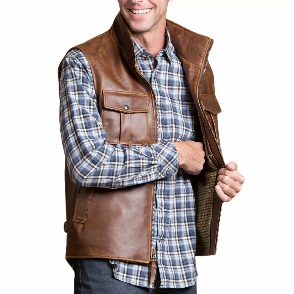 Mens Motorcycle Brown Leather Vest