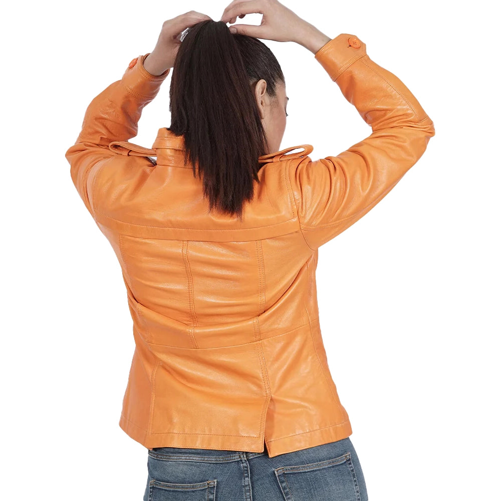 Orange Leather Jacket Blazer for Women