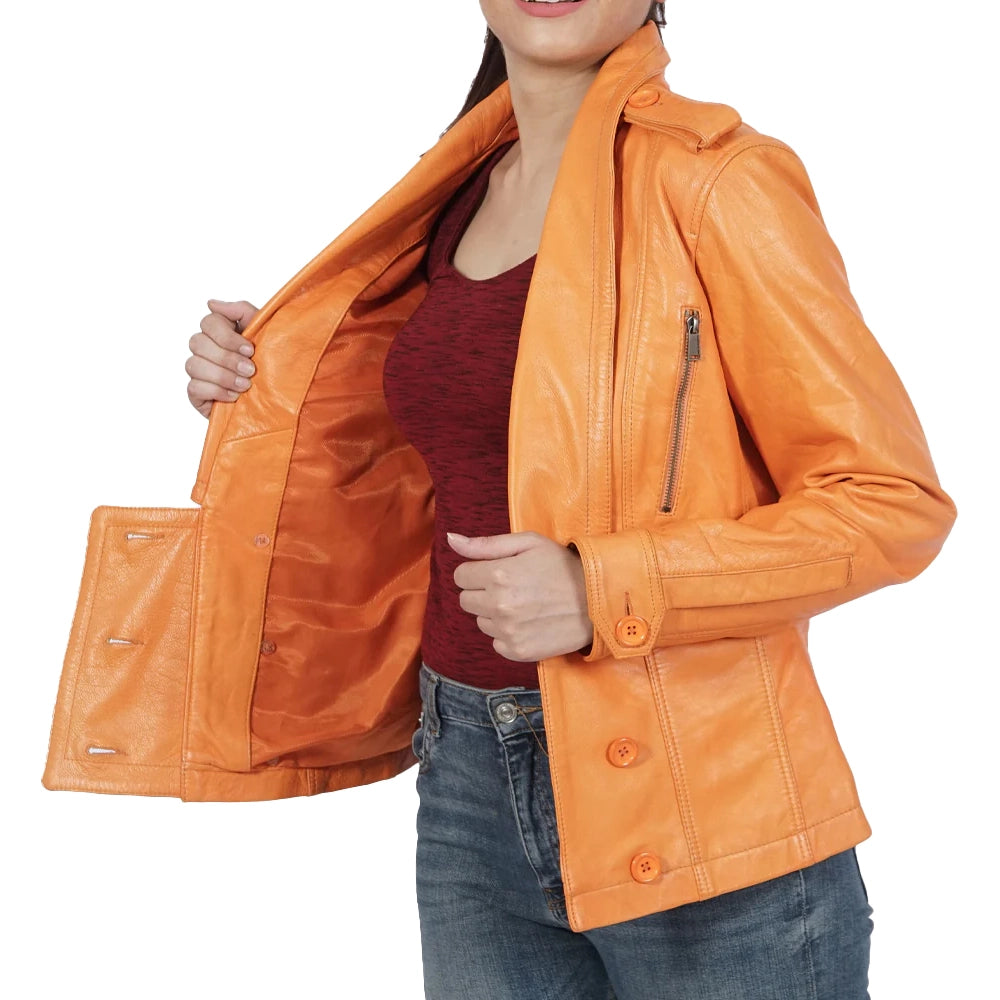 Orange Leather Jacket Blazer for Women