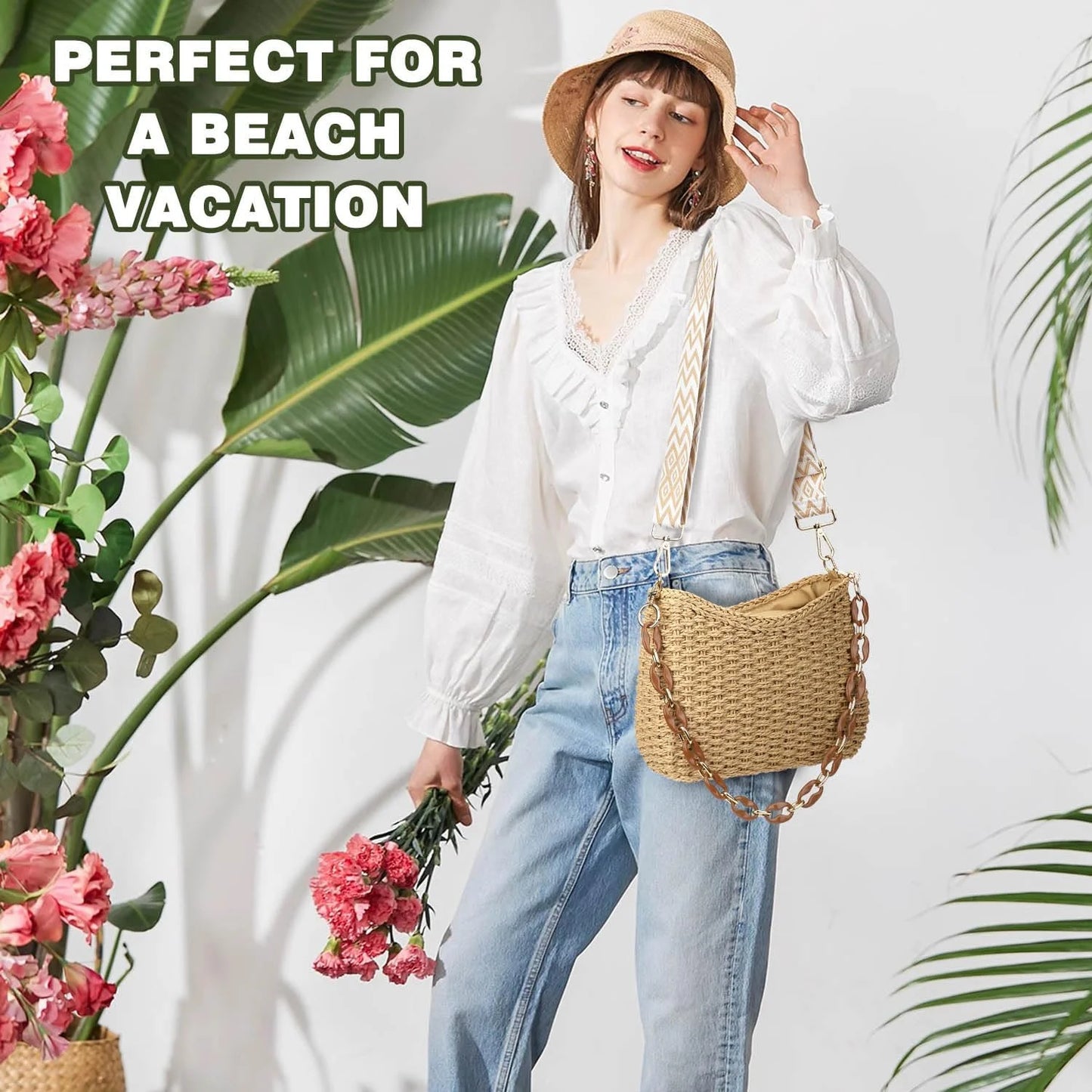 Gocvo Beach Straw Bags for Women, Summer Chic Woven Bag Classic Womens Straw Handbags Straw Crossbody Bag with Chain (Brown)
