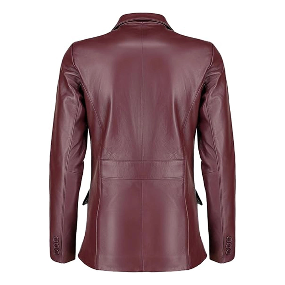 Womens Maroon Two Button Leather Blazer