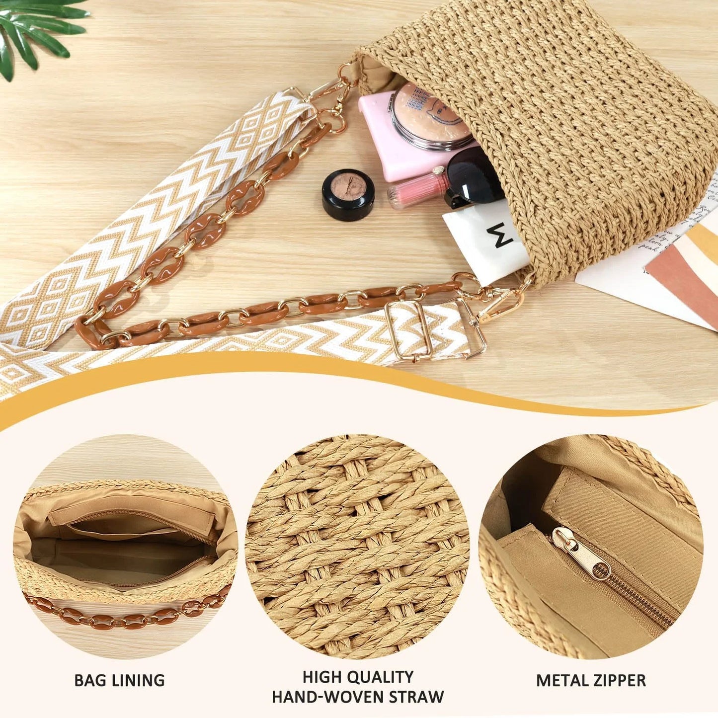 Gocvo Beach Straw Bags for Women, Summer Chic Woven Bag Classic Womens Straw Handbags Straw Crossbody Bag with Chain (Brown)