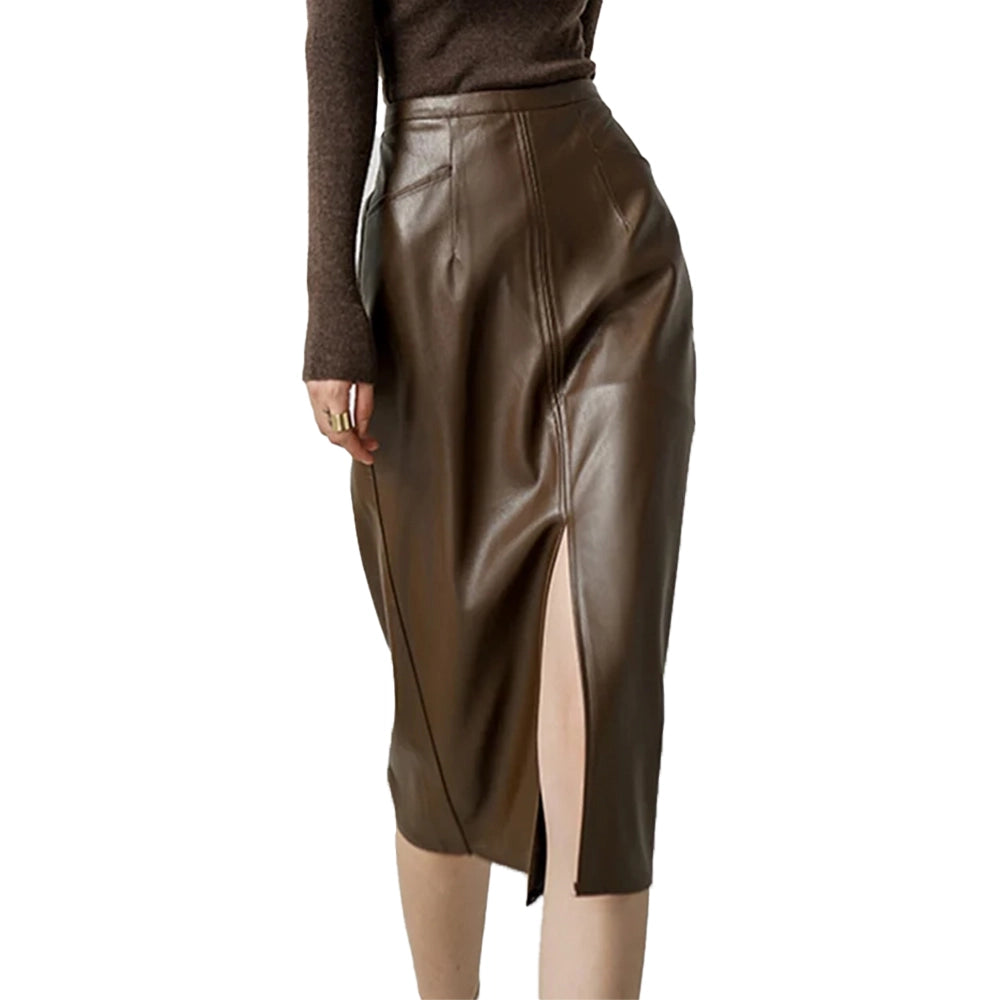 Front Slit Leather Midi Skirt For Women