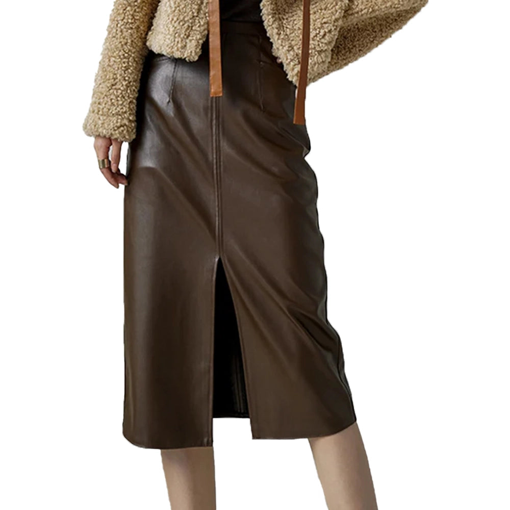 Front Slit Leather Midi Skirt For Women