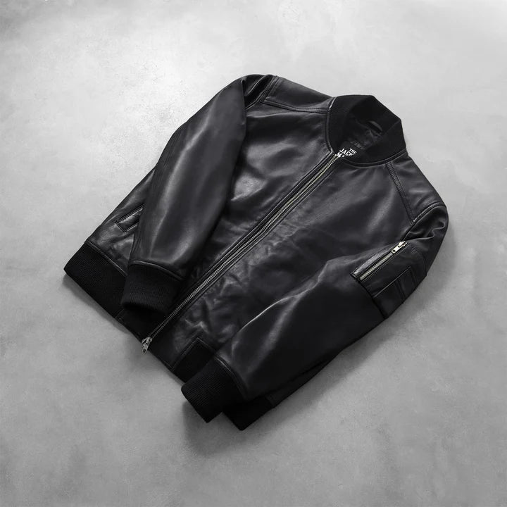 Bomia MA-1 Black Leather Bomber Jacket