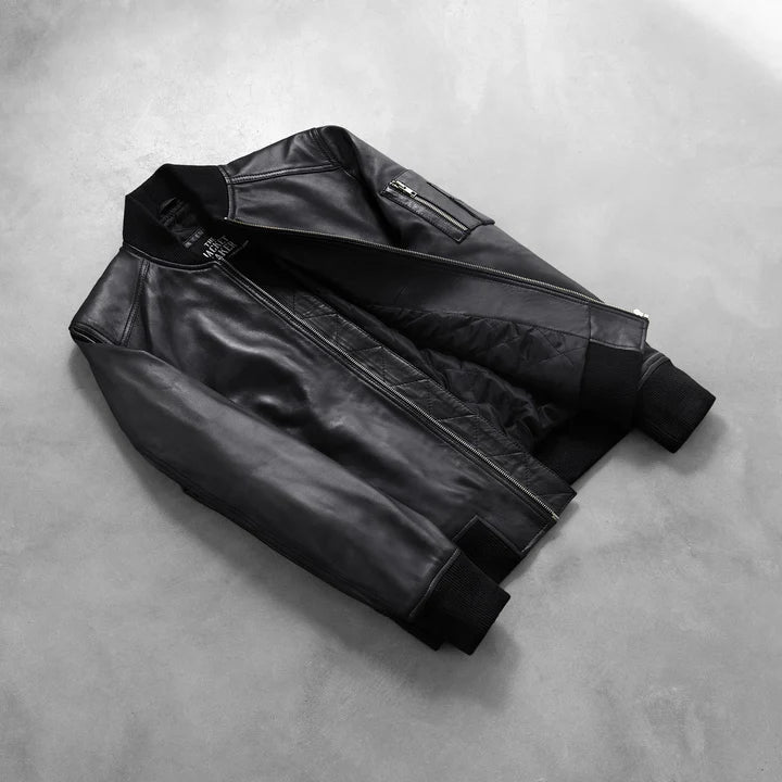 Bomia MA-1 Black Leather Bomber Jacket