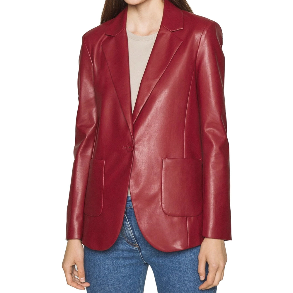 Nora Burgundy Leather Blazer For Women
