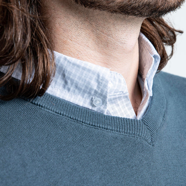 Men’s Atlantic Green Sweater with Light Check Collared Shirt