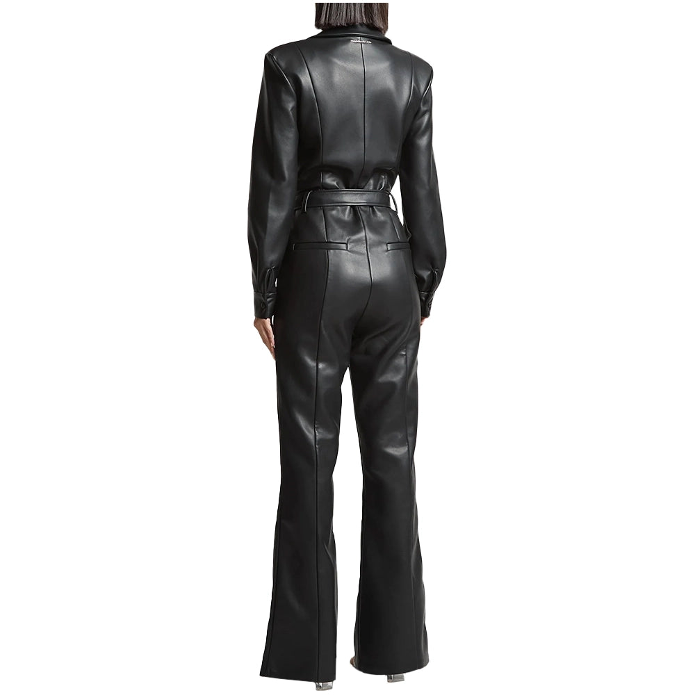 Genuine Black Leather Belted Jumpsuit Women