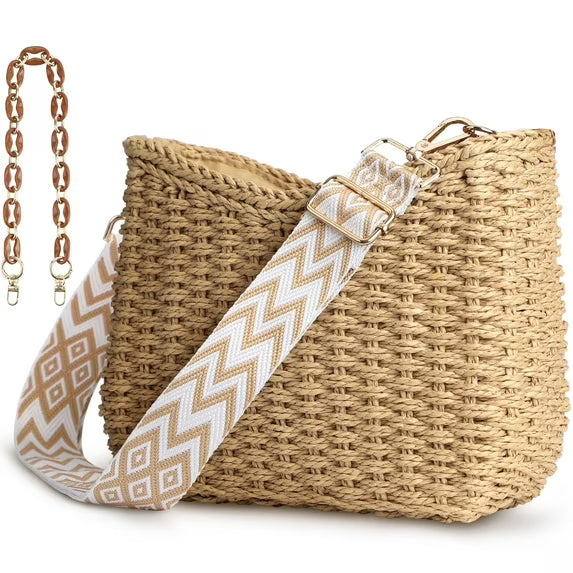 Gocvo Beach Straw Bags for Women, Summer Chic Woven Bag Classic Womens Straw Handbags Straw Crossbody Bag with Chain (Brown)