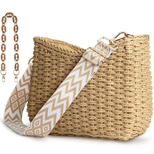 Gocvo Beach Straw Bags for Women, Summer Chic Woven Bag Classic Womens Straw Handbags Straw Crossbody Bag with Chain (Brown)
