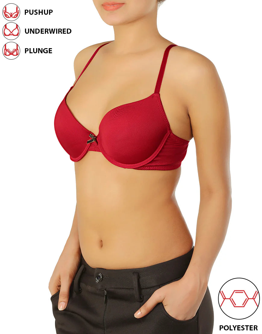 Wired Pushup T-Shirt Bras with J Hook-Black/Savvy Red