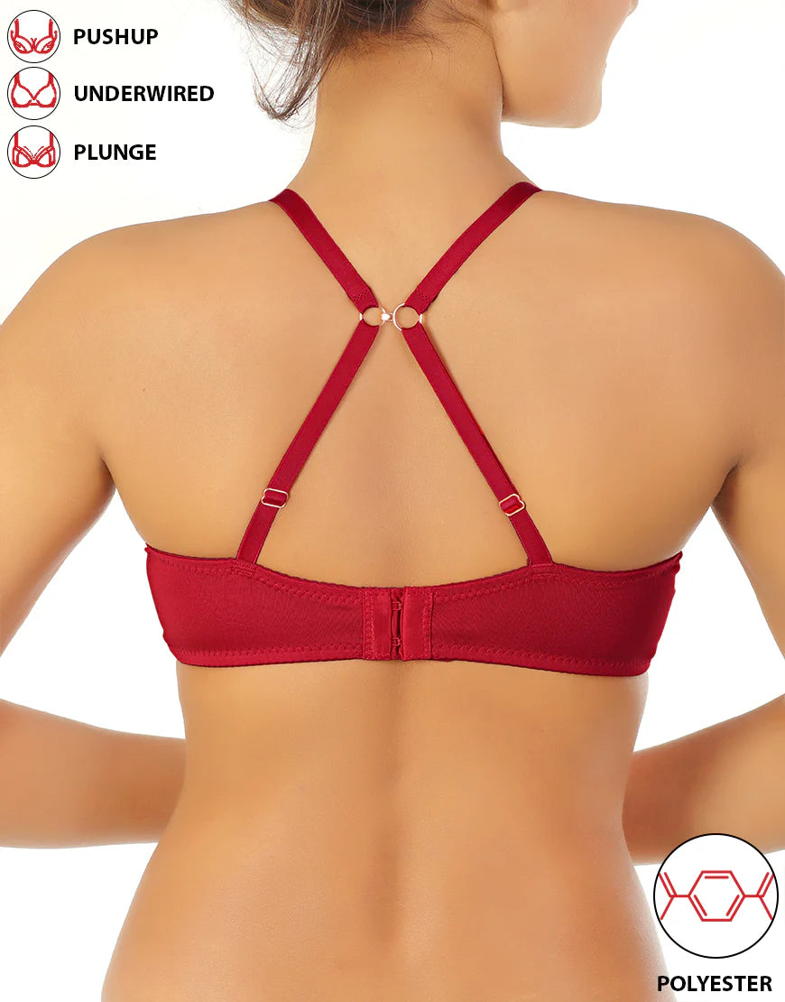 Wired Pushup T-Shirt Bras with J Hook-Black/Savvy Red