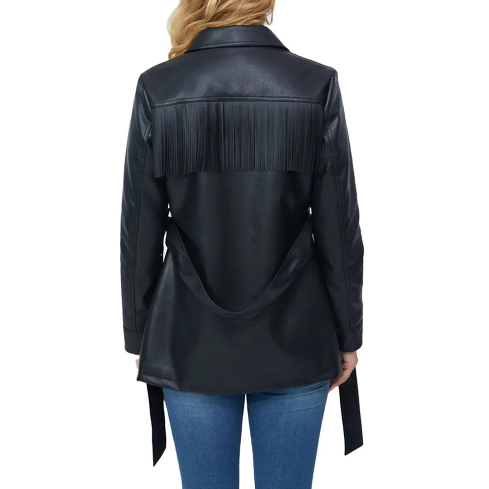 Black Geniune Leather Fringe Jacket for Women