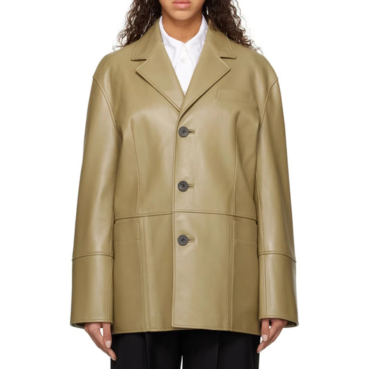 Zoe Khaki Single Breasted Leather Blazer