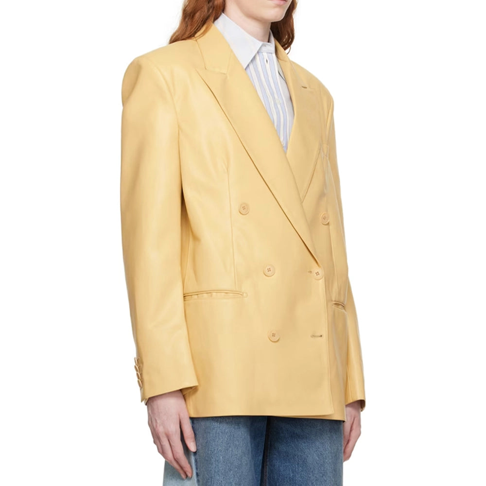 Arya Double Breasted Yellow Leather Blazer