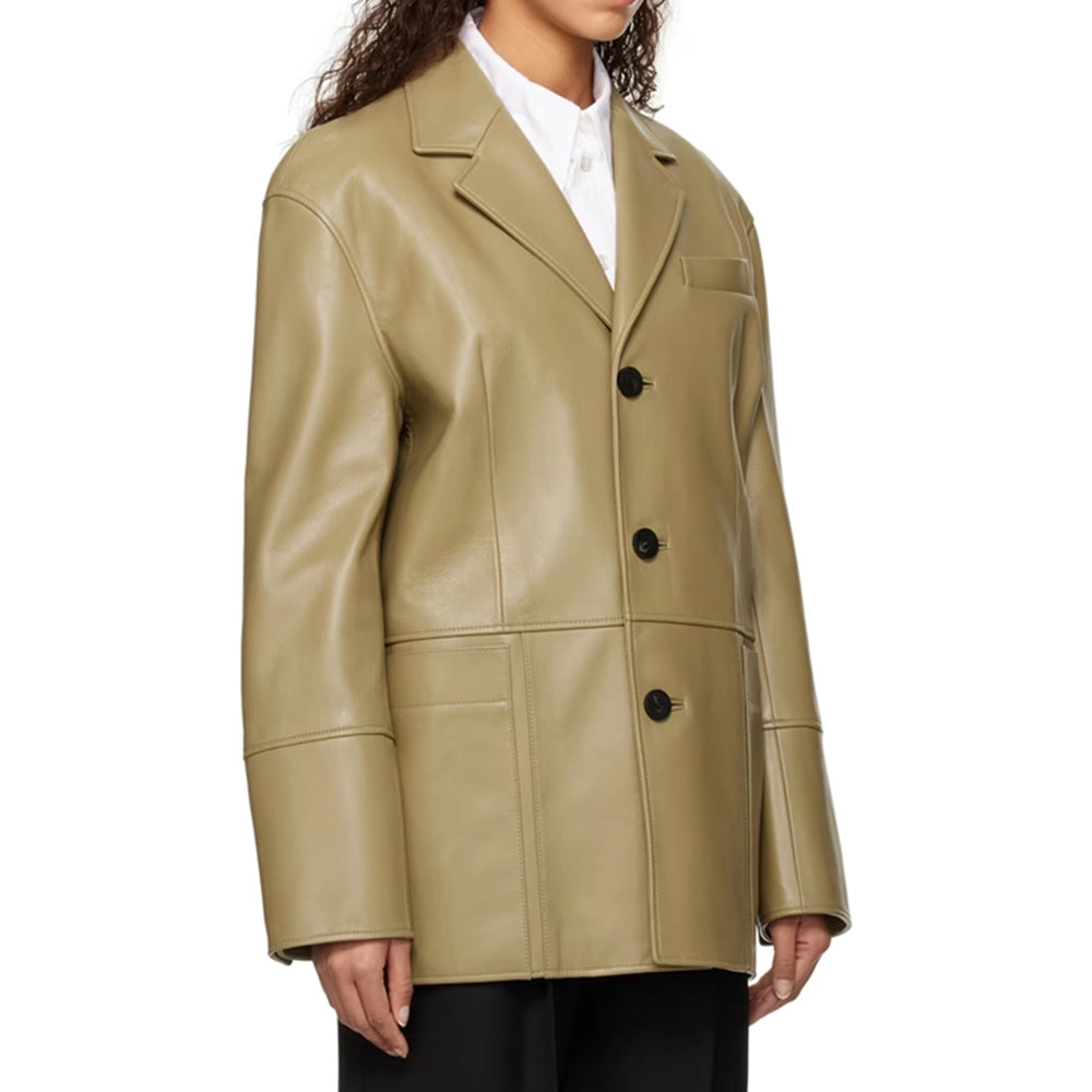 Zoe Khaki Single Breasted Leather Blazer