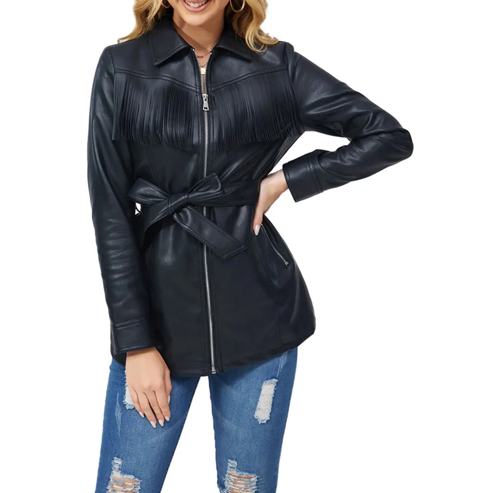 Black Geniune Leather Fringe Jacket for Women