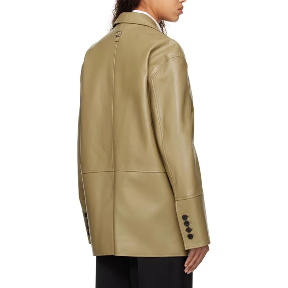 Zoe Khaki Single Breasted Leather Blazer