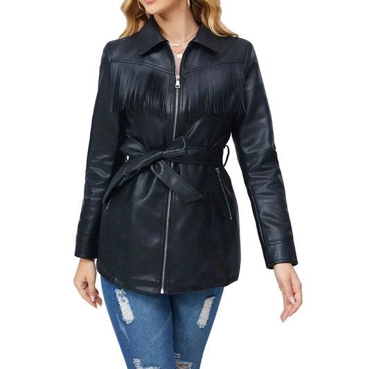 Black Geniune Leather Fringe Jacket for Women