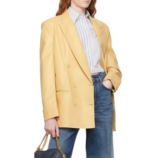 Arya Double Breasted Yellow Leather Blazer