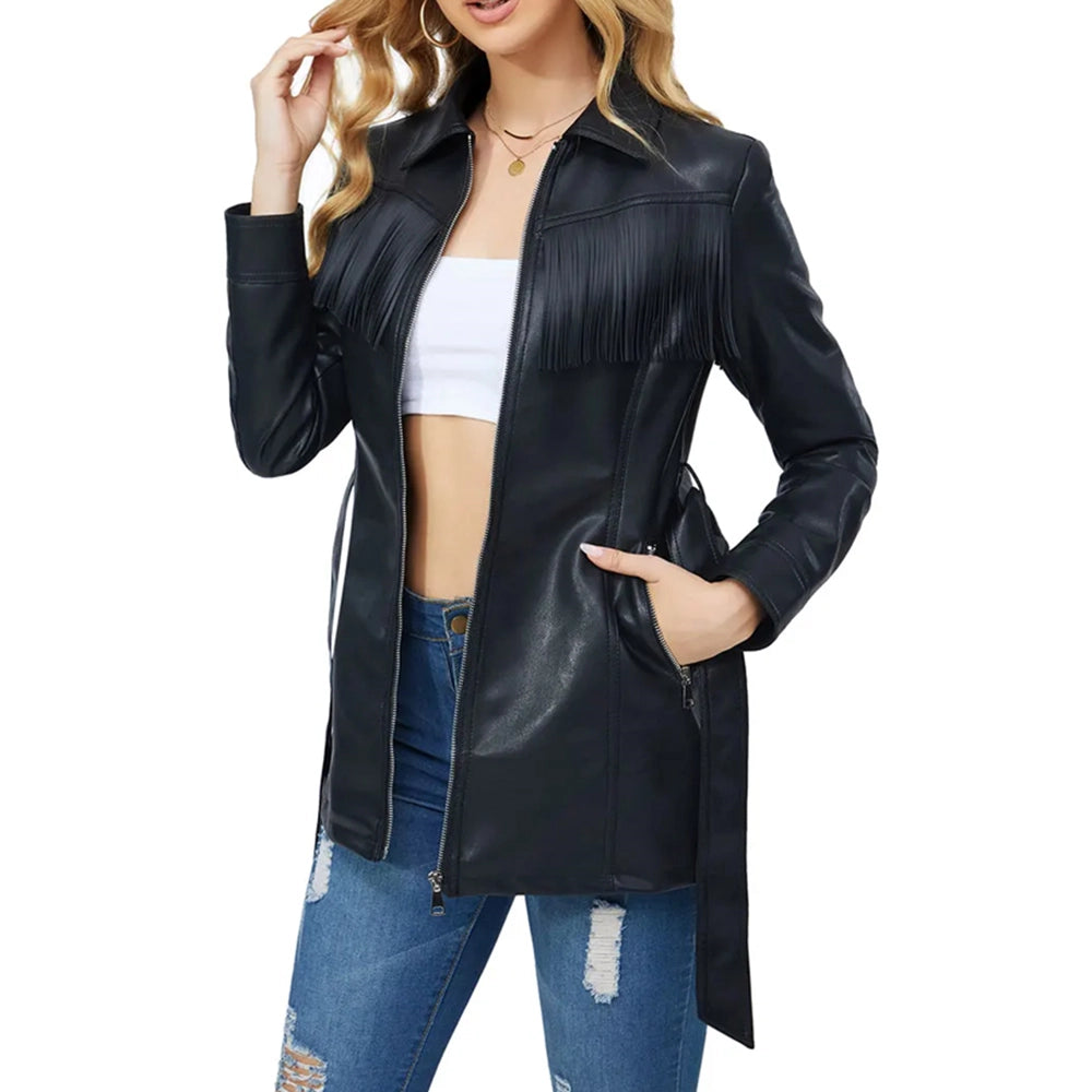 Black Geniune Leather Fringe Jacket for Women