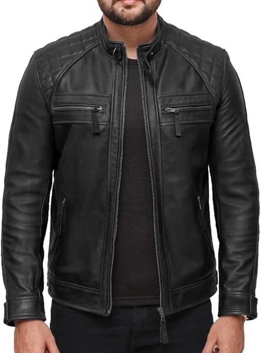 Men’s Quilted Shoulder Lambskin Black Biker Leather Jacket