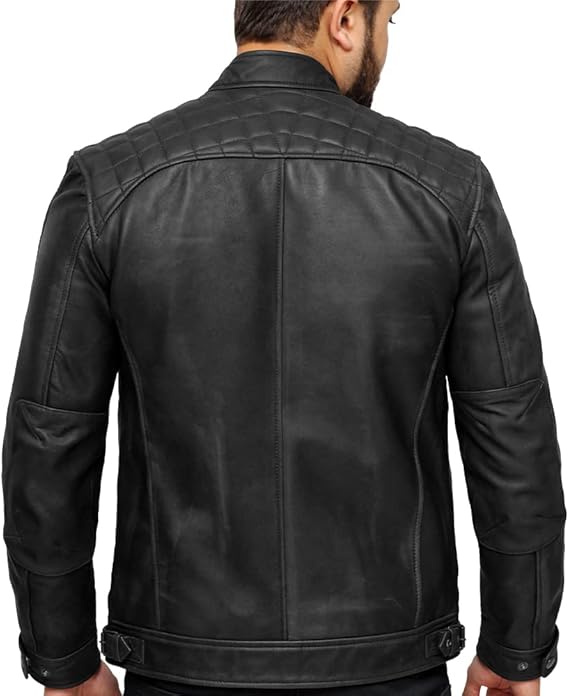 Men’s Quilted Shoulder Lambskin Black Biker Leather Jacket