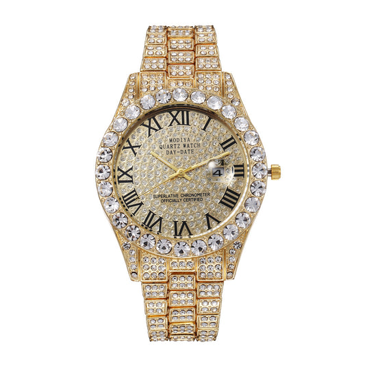 Men's High-End Full Diamond Cross-Border Steel Band Fashion Rhinestone Calendar Quartz Watch Starry Men's Watch